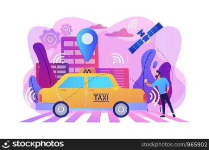 Businessman with smartphone taking driverless taxi with sensors and location pin. Autonomous taxi, self-driving taxi, on-demand car service concept. Bright vibrant violet vector isolated illustration. Autonomous taxi concept vector illustration.