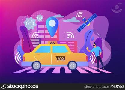Businessman with smartphone taking driverless taxi with sensors and location pin. Autonomous taxi, self-driving taxi, on-demand car service concept. Bright vibrant violet vector isolated illustration. Autonomous taxi concept vector illustration.