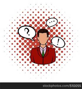 Businessman with speech communication bubbles icon in comics style on a white background. Businessman with speech communication bubbles icon