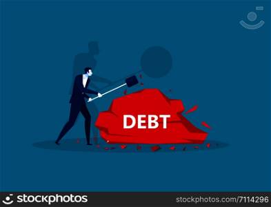 businessman with steel hammer and debt on stone concept.