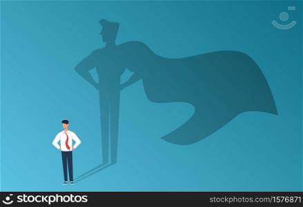 Businessman with superhero shadow. Leadership professional ambition, achievement and business success, strong man with inner leader potential, career motivation creative vector flat cartoon concept. Businessman with superhero shadow. Leadership professional ambition, achievement and business success, man with inner leader potential, career motivation vector flat cartoon concept