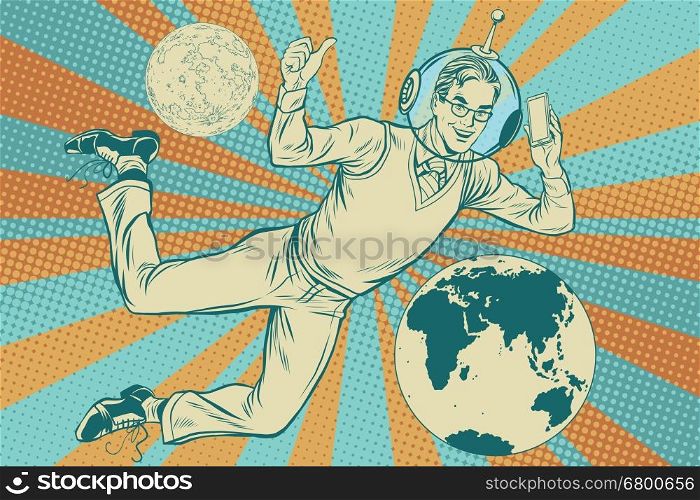 Businessman with telephone in space, pop art retro vector illustration. Earth and other planets