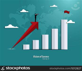 Businessman with telescope stand on arrow growth. Business graph success. Achievement concept. Arrow, Vector illustration flat
