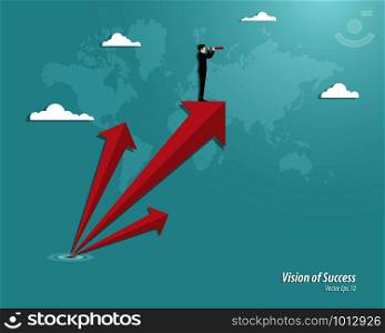 Businessman with telescope stand on arrow growth. Business success. Achievement concept. Vector illustration flat
