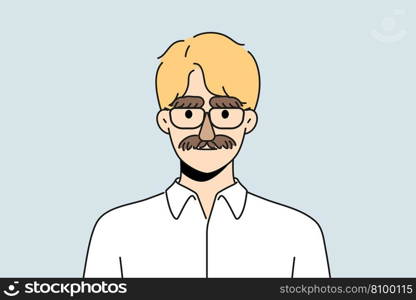 Businessman with thick moustache and eyebrows disguise look at camera. Serious man employee wearing mask of mustache and brows. Vector illustration. . Businessman with moustache and eyebrows disguise