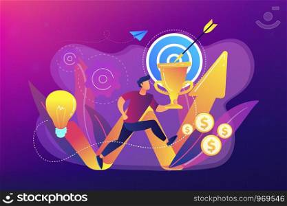 Businessman with trophy and rising arrow. Business mission, mission statement, business goals and philosophies concept on ultraviolet background. Bright vibrant violet vector isolated illustration. Business mission concept vector illustration.