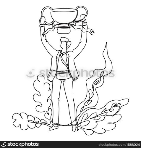 Businessman with trophy cup and ribbon, business success isolated outline drawing vector. Entrepreneur and award or reward prize, achievement and leadership. Competition and triumph, office worker. Business success, businessman with trophy cup isolated outline drawing