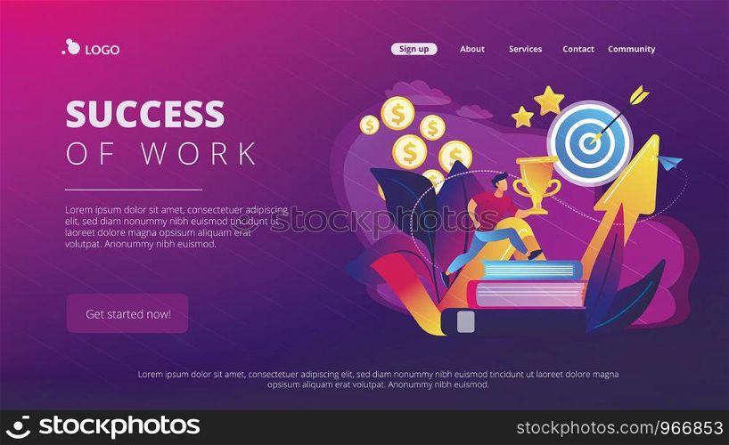 Businessman with trophy cup jumping on books to target and rising arrow. Motivation, job success, encouragement concept on white background. Website vibrant violet landing web page template.. Motivation concept landing page.