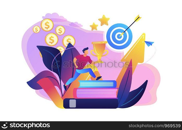 Businessman with trophy cup jumping on books to target and rising arrow. Motivation, job success, encouragement concept on white background. Bright vibrant violet vector isolated illustration. Motivation concept vector illustration.