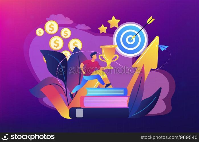 Businessman with trophy cup jumping on books to target and rising arrow. Motivation, job success, encouragement concept on ultraviolet background. Bright vibrant violet vector isolated illustration. Motivation concept vector illustration.