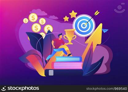 Businessman with trophy cup jumping on books to target and rising arrow. Motivation, job success, encouragement concept on ultraviolet background. Bright vibrant violet vector isolated illustration. Motivation concept vector illustration.