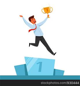 Businessman with trophy. Manager happy with golden trophy cup in hands for business winner vector character isolated. Illustration of business man achievement, businessman with cup. Businessman with trophy. Manager happy with golden trophy cup in hands for business winner vector character isolated