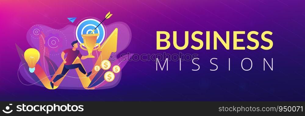 Businessman with trophy running and rising arrow. Business mission, mission statement, business goals and philosophies concept on white background. Header or footer banner template with copy space.. Business mission concept banner header.