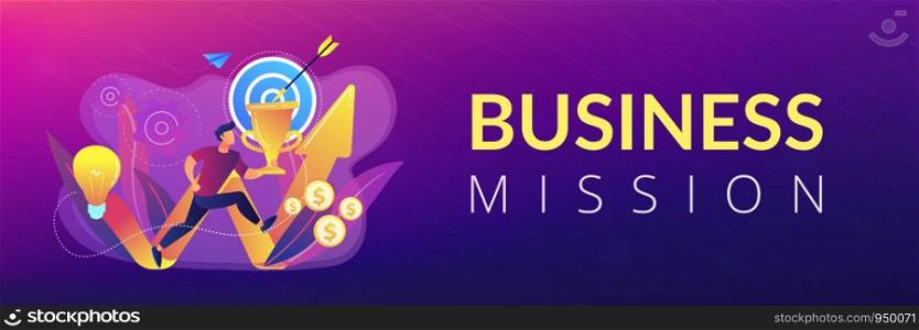 Businessman with trophy running and rising arrow. Business mission, mission statement, business goals and philosophies concept on white background. Header or footer banner template with copy space.. Business mission concept banner header.