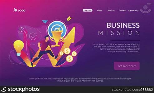 Businessman with trophy running and rising arrow. Business mission, mission statement, business goals and philosophies concept on white background. Website vibrant violet landing web page template.. Business mission concept landing page.