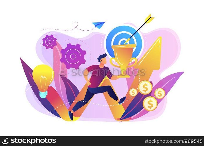 Businessman with trophy running and rising arrow. Business mission, mission statement, business goals and philosophies concept on white background. Bright vibrant violet vector isolated illustration. Business mission concept vector illustration.