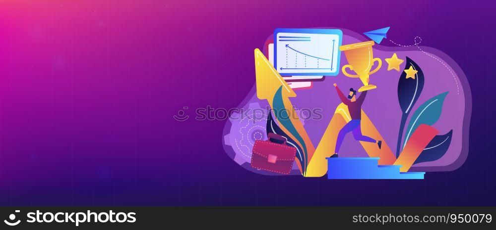 Businessman with trophy runs up stairs and growth chart. Business success, leadership, business assets and planning concept on white background. Header or footer banner template with copy space.. Business success concept banner header.