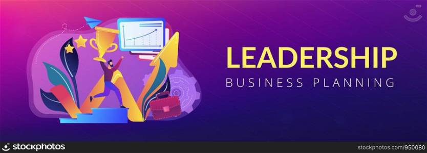 Businessman with trophy runs up stairs and growth chart. Business success, leadership, business assets and planning concept on white background. Header or footer banner template with copy space.. Business success concept banner header.