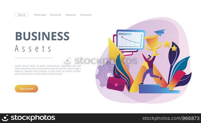 Businessman with trophy runs up stairs and growth chart. Business success, leadership, business assets and planning concept on white background. Website vibrant violet landing web page template.. Business success concept landing page.