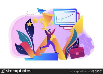Businessman with trophy runs up stairs and growth chart. Business success, leadership, business assets and planning concept on white background. Bright vibrant violet vector isolated illustration. Business success concept vector illustration.