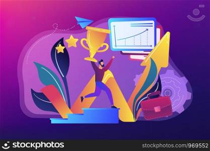 Businessman with trophy runs up stairs, growth chart. Business success, leadership, business assets and planning concept on ultraviolet background. Bright vibrant violet vector isolated illustration. Business success concept vector illustration.