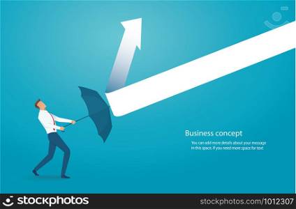 Businessman with umbrella protecting himself from drawn arrows vector illustration
