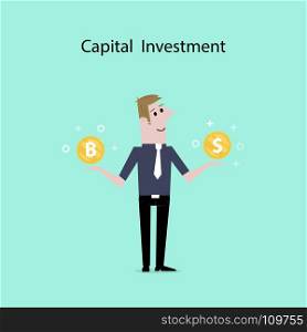 Businessman with US dollar and bitcoin sign.Dollar and Bitcoins exchange concept.Digital virtual electronic coins bitcoins concept.Capital investment sign.Bitcoin transaction.Vector illustration.