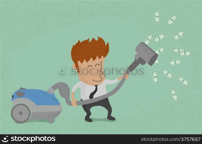 Businessman with vacuum cleaner catching dollar bills , eps10 vector format