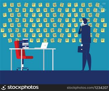 Businessman with wall full of reminder notes. Concept business vector illustration.