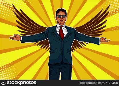 Businessman with widely spread arms and wings. Business angel, investmentor or sponsor concept. Vector illustration in pop art retro comic style