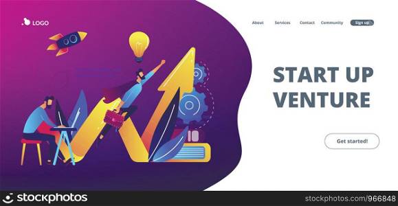 Businessman working and flying like superhero with briefcase. Start up launch, start up venture and entrepreneurship concept on white background. Website vibrant violet landing web page template.. Start up launch concept landing page.