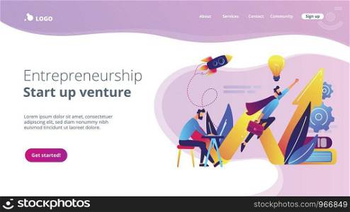 Businessman working and flying like superhero with briefcase. Start up launch, start up venture and entrepreneurship concept on white background. Website vibrant violet landing web page template.. Start up launch concept landing page.
