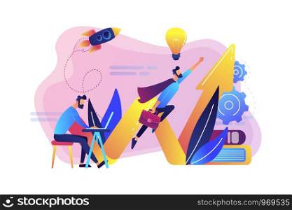 Businessman working and flying like superhero with briefcase. Start up launch, start up venture and entrepreneurship concept on white background. Bright vibrant violet vector isolated illustration. Start up launch concept vector illustration.