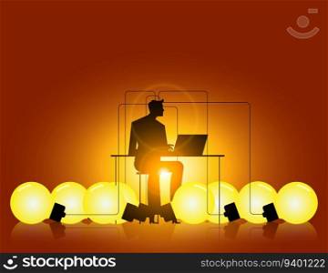 Businessman working and multi creative idea. Business lightbulb vector illustration