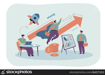 Businessman working at table and flying like superhero. Man presenting ideas or innovation, and becoming leader flat vector illustration. Startup, career growth, entrepreneurship, innovation concept
