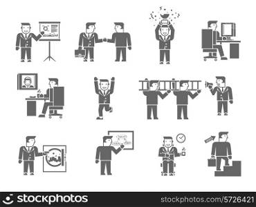 Businessman working black set with management partnership presentation symbols isolated vector illustration