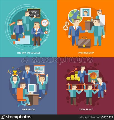 Businessman working design concept with way to success partnership workflow team spirit flat icons set isolated vector illustration