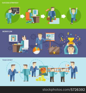 Businessman working flat banner set with success strategy workflow team spirit isolated vector illustration