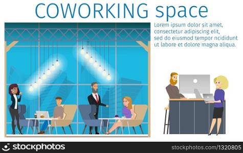Businessman Working in Creative Office Banner. Work in Freelance Shared Workspace. Smiling Character with Laptop Talking, Meeting in Open Coworking Space. Flat Cartoon Vector Illustration. Businessman Working in Creative Office Banner