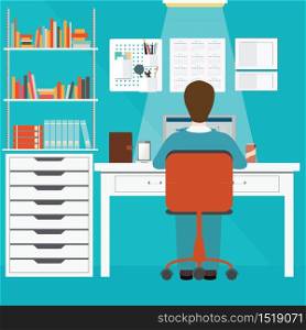 Businessman working in home office, office people, office interior, office workers, office work, busy office life, conceptual vector illustration.