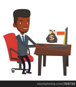 Businessman working in office and bag of money coming out of laptop. Man earning money from online business. Online business concept. Vector flat design illustration isolated on white background.. Businessman earning money from online business.