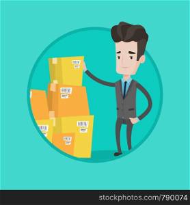 Businessman working in warehouse. Businessman checking boxes in warehouse. Businessman preparing goods for dispatch at warehouse. Vector flat design illustration in the circle isolated on background.. Businessman checking boxes in warehouse.