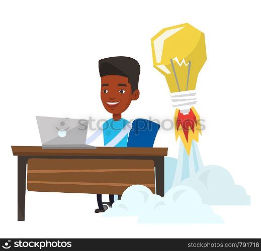 Businessman working on a laptop in office and idea bulb taking off behind him. Man having business idea. Successful business idea concept. Vector flat design illustration isolated on white background.. Successful business idea vector illustration.