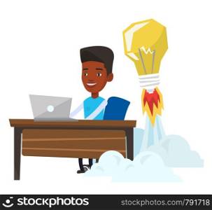 Businessman working on a laptop in office and idea bulb taking off behind him. Man having business idea. Successful business idea concept. Vector flat design illustration isolated on white background.. Successful business idea vector illustration.