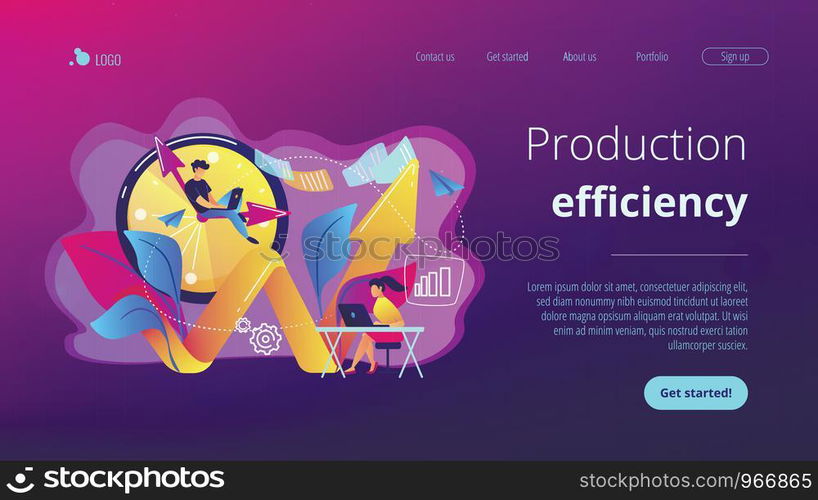 Businessman working on clock hand and businesswoman with laptop. Productivity, efficiency of production, qualification concept on white background. Website vibrant violet landing web page template.. Productivity concept landing page.