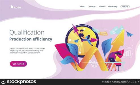 Businessman working on clock hand and businesswoman with laptop. Productivity, efficiency of production, qualification concept on white background. Website vibrant violet landing web page template.. Productivity concept landing page.