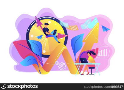 Businessman working on clock hand and businesswoman with laptop. Productivity, efficiency of production, qualification concept on white background. Bright vibrant violet vector isolated illustration. Productivity concept vector illustration.