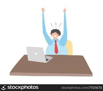 Businessman working on computer and happy, hand-drawn vector illustration. Colored flat style.