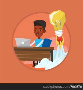 Businessman working on laptop and idea bulb taking off behind him. Man having business idea. Business idea and start up concept. Vector flat design illustration in the circle isolated on background.. Successful business idea vector illustration.