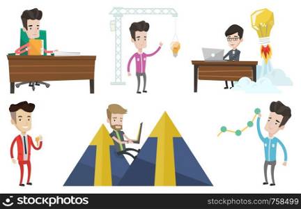 Businessman working on laptop in office and idea bulb taking off behind him. Man having business idea. Business idea concept. Set of vector flat design illustrations isolated on white background.. Vector set of business characters.